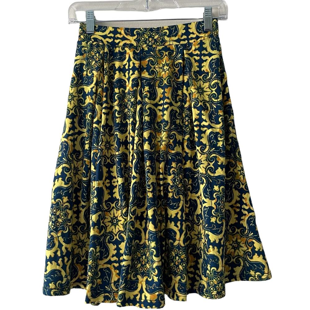 Lularoe Green & Yellow Abstract Print Skater Knit Mini Skirt w/ Pockets - XS